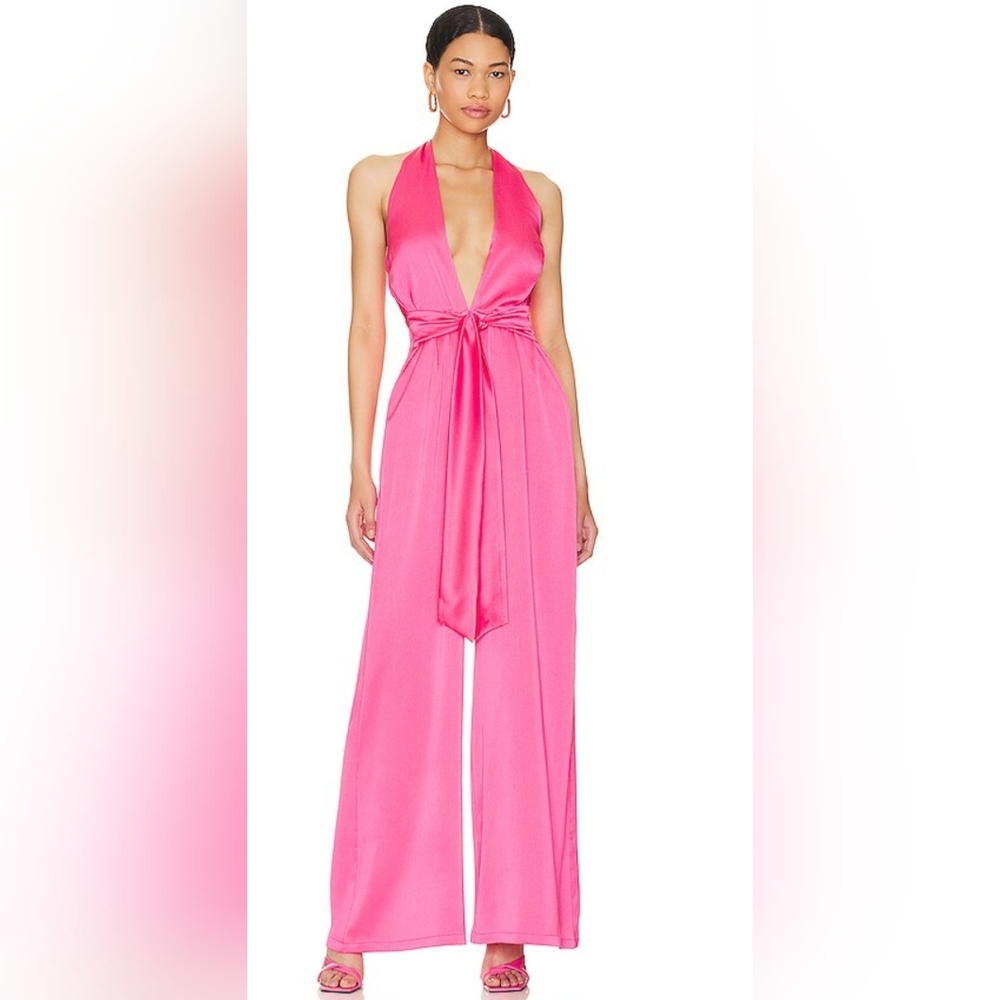 New Nookie Utopia Relaxed Full Length Wide Leg Halter Neck Jumpsuit Pink Pockets - Picture 3 of 15
